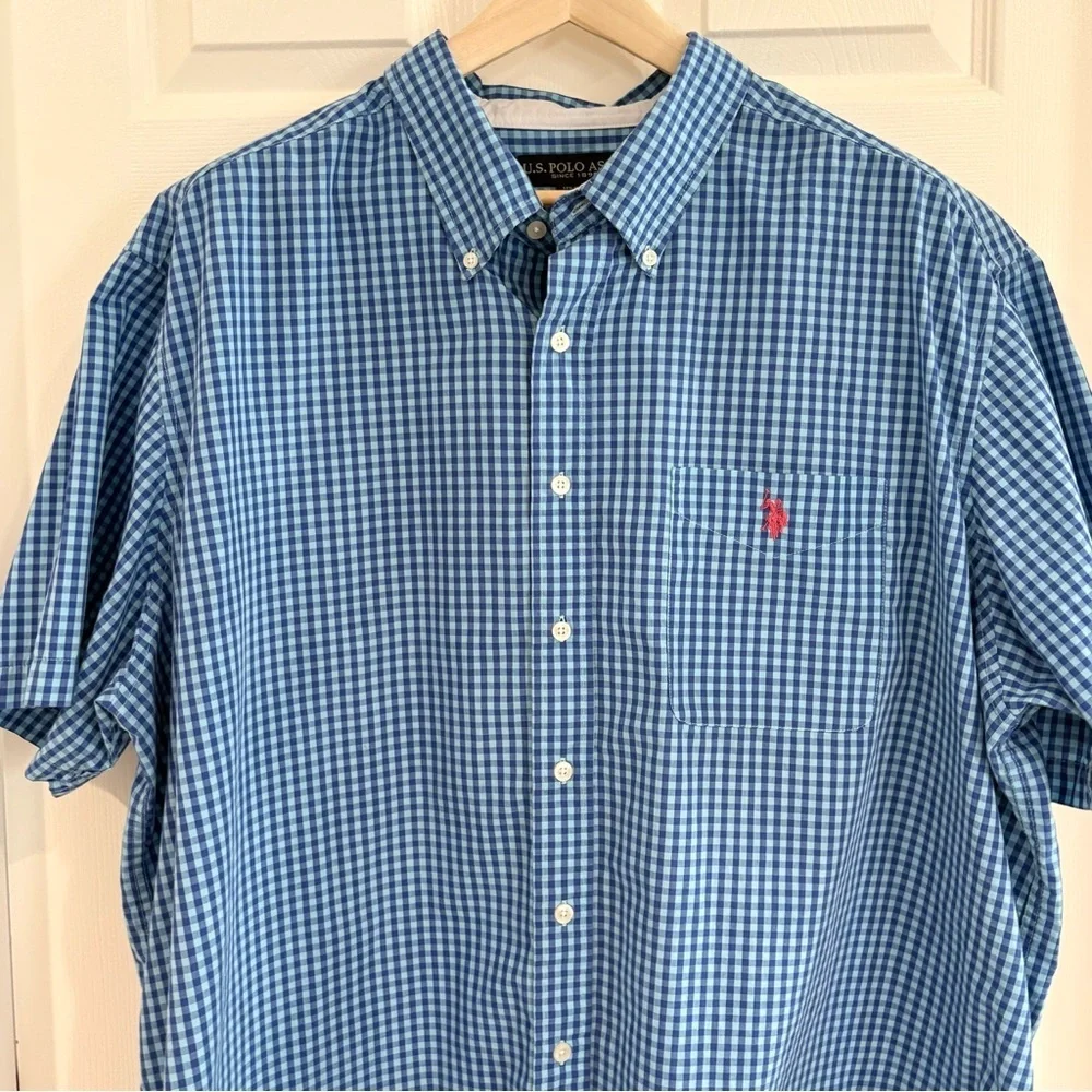 US Polo Assn Blue Checked Button Up Short Sleeve Button Up Casual Shirt Men 2XL